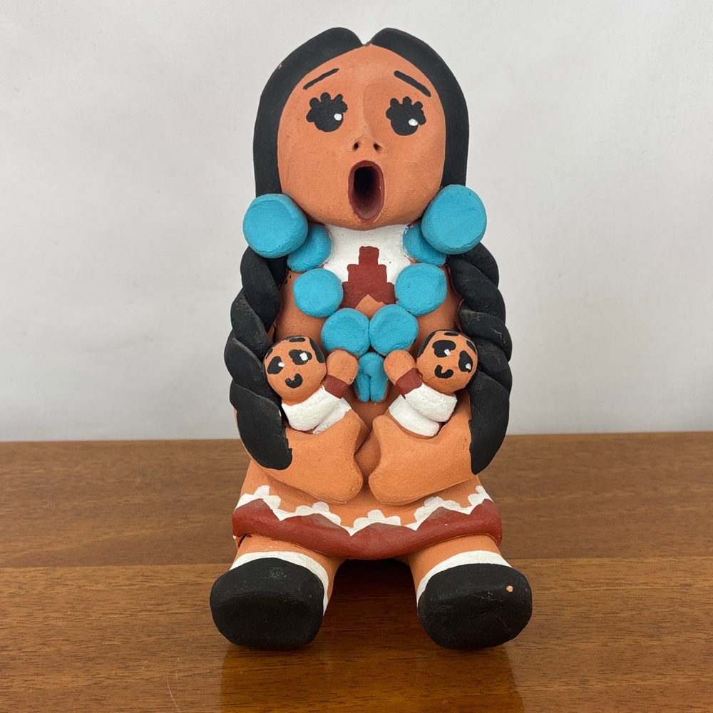 Vintage Ramey Storyteller pottery figurine  signed Native American mother twins